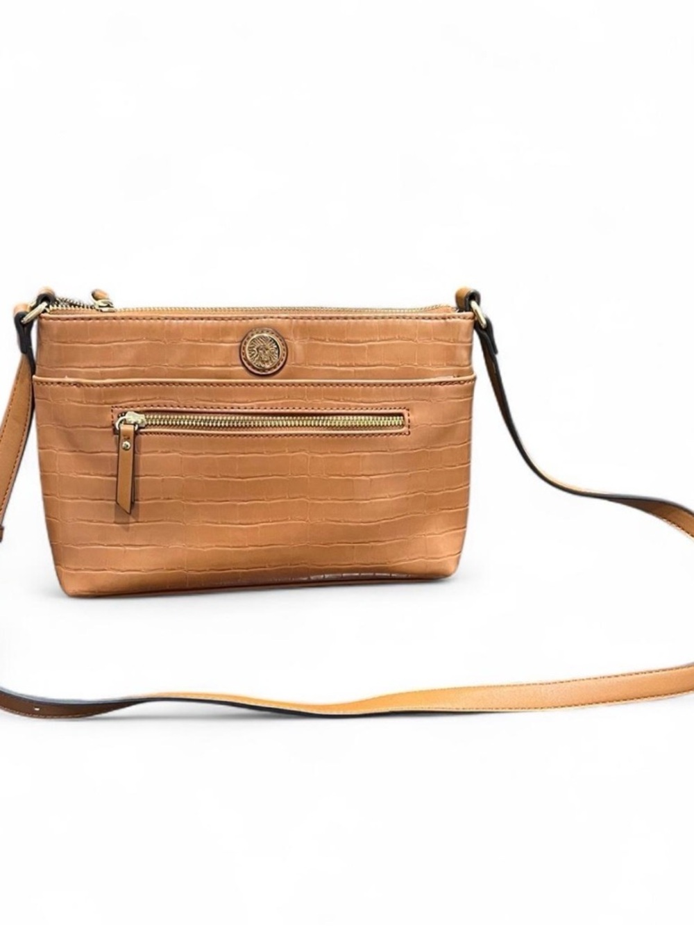 Anne Klein Faux Croc Crossbody Bag Tan Cognac Adjustable Strap Small Purse